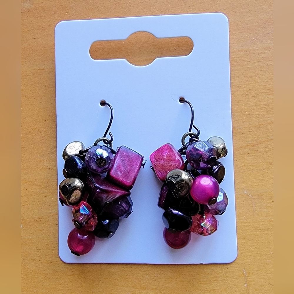 Raspberry Pink Round Bead Cluster Drop Dangle Earrings